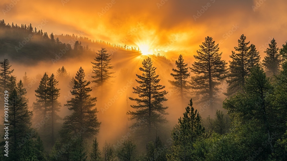 A magnificent sunset casting golden rays through a tranquil forest, illuminating the landscape with serenity and warmth, capturing nature's beauty in a vivid photograph. A magnificent sunset casting golden rays through a tranquil forest, illuminating the landscape with serenity and warmth, capturing nature's beauty in a vivid photograph.
