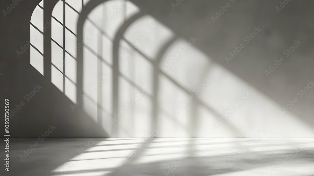 Obraz premium Soft Light and Shadow Play in Minimalist Space with Architectural Features Casting Intricate Patterns on the Concrete Floor for Modern Aesthetic Design