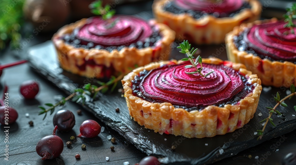 Delightful dessert tarts with fresh berries and beets on a rustic wooden table at a cozy cafe. Generative AI Delightful dessert tarts with fresh berries and beets on a rustic wooden table at a cozy cafe. Generative AI