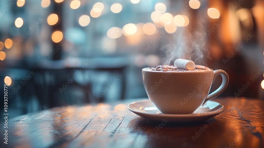 This close-up photograph captures a decadent cup of gourmet hot chocolate, adorned with a marshmallow. The steaming drink is placed on a wooden table in a cozy caf? setting This close-up photograph captures a decadent cup of gourmet hot chocolate, adorned with a marshmallow. The steaming drink is placed on a wooden table in a cozy caf? setting