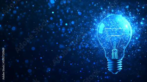 Futuristic Light Bulb Illuminated with Electric Sparks and Glowing Particles Set Against a Deep Blue Background Creating a Magical Atmosphere of Innovation and Technology