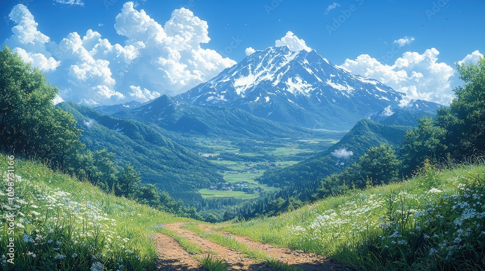 Naklejka premium Majestic snow-capped mountain overlooking serene valley with lush greenery