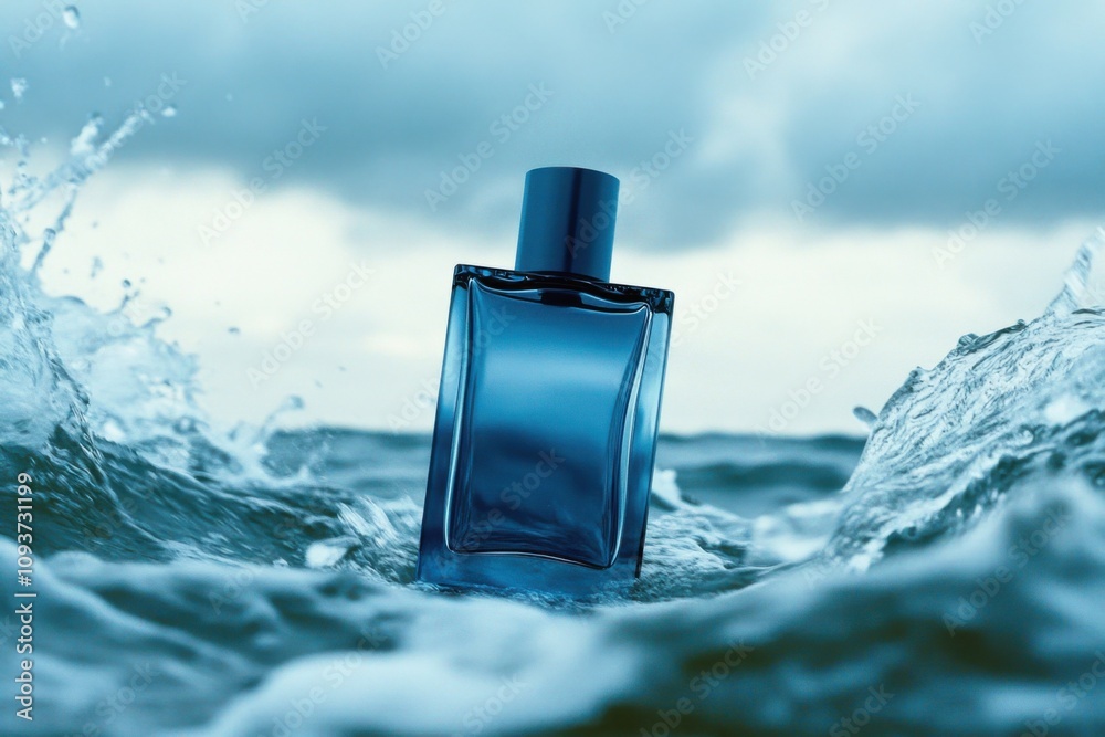 A glass perfume bottle made of dark blue, on the background of a ocean during a storm.
A glass perfume bottle made of dark blue, on the background of a ocean during a storm.
