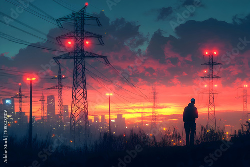 Wallpaper Mural Engineer inspecting illuminated power towers against a vibrant dusk sky. high quality image Torontodigital.ca