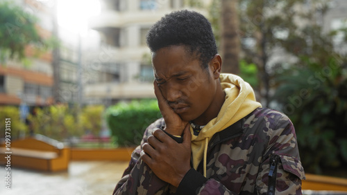 Young man holding face with pained expression in urban park surrounded by greenery and city buildings reflecting a moment of discomfort or contemplation