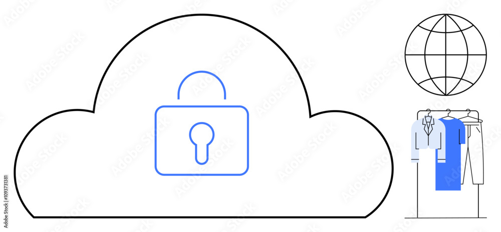 Cloud with padlock icon representing security, globe symbolizing global connectivity, and clothing rack showing online shopping. Ideal for cybersecurity, global commerce, online privacy, e-commerce Cloud with padlock icon representing security, globe symbolizing global connectivity, and clothing rack showing online shopping. Ideal for cybersecurity, global commerce, online privacy, e-commerce