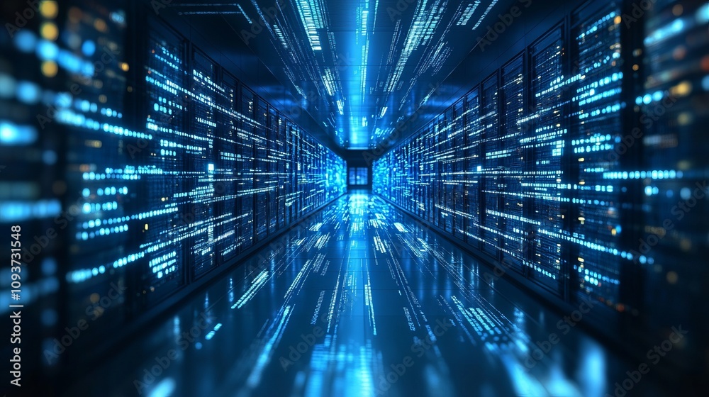 A high-tech server room with illuminated blue data streams represents the core of digital infrastructure, connectivity, and data management in modern technology. A high-tech server room with illuminated blue data streams represents the core of digital infrastructure, connectivity, and data management in modern technology.