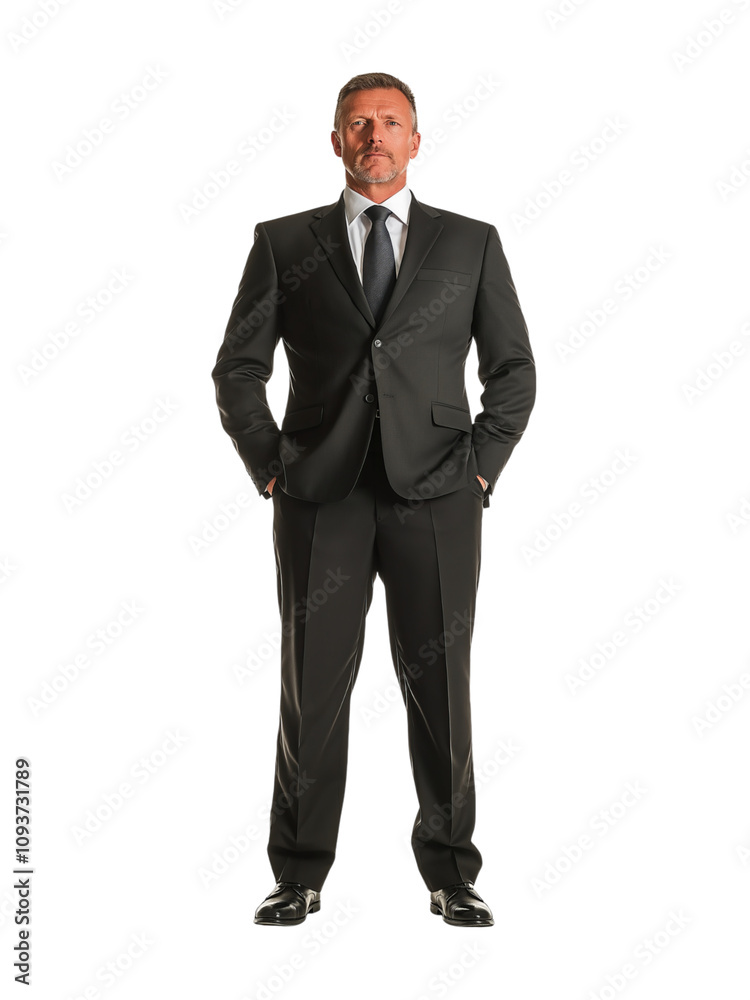 Businessman in a black suit, standing confidently with hands in pockets, isolated on transparent Businessman in a black suit, standing confidently with hands in pockets, isolated on transparent