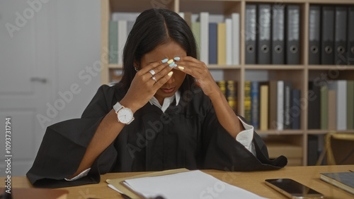 Frustrated female judge with brunette hair sitting in an office, surrounded by files and papers photo