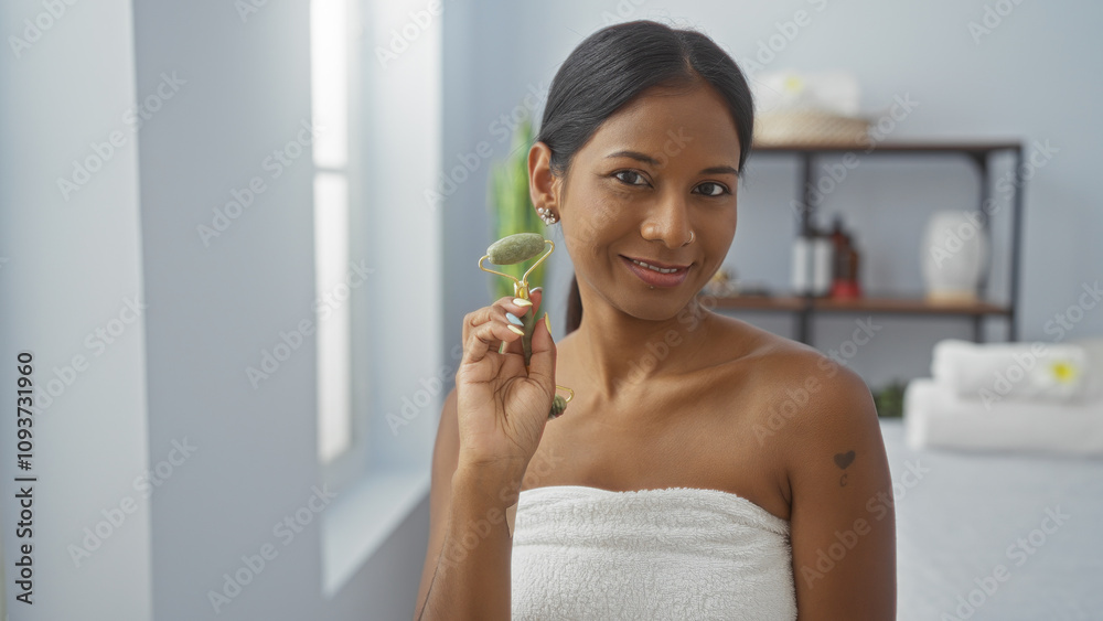 Woman enjoying wellness treatment in spa, holding jade roller, smiling indoors in a serene beauty center, wrapped in towel. Woman enjoying wellness treatment in spa, holding jade roller, smiling indoors in a serene beauty center, wrapped in towel.