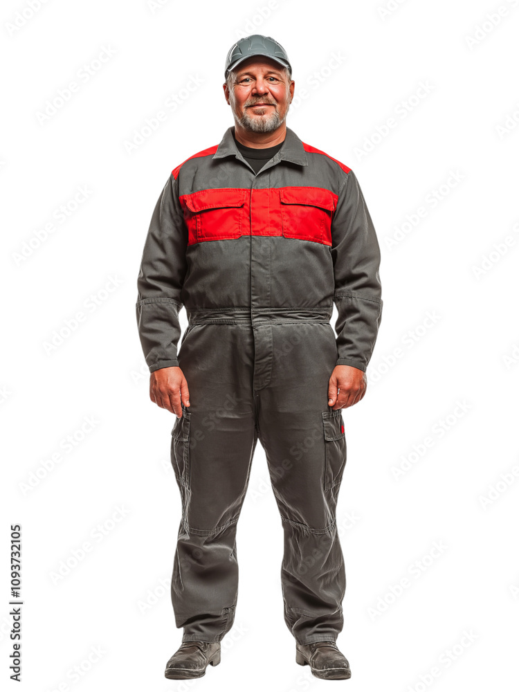 Smiling worker in gray uniform with red accents, cap, standing confidently, isolated on transparent Smiling worker in gray uniform with red accents, cap, standing confidently, isolated on transparent