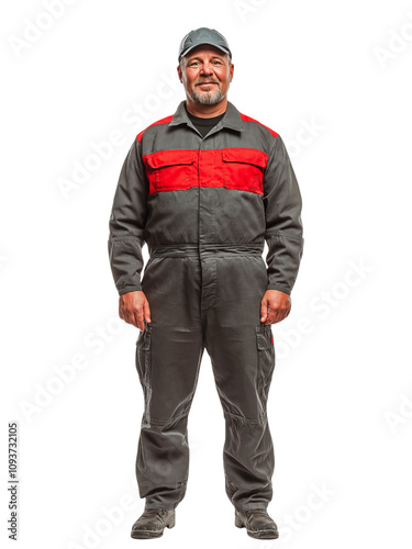 Smiling worker in gray uniform with red accents, cap, standing confidently, isolated on transparent