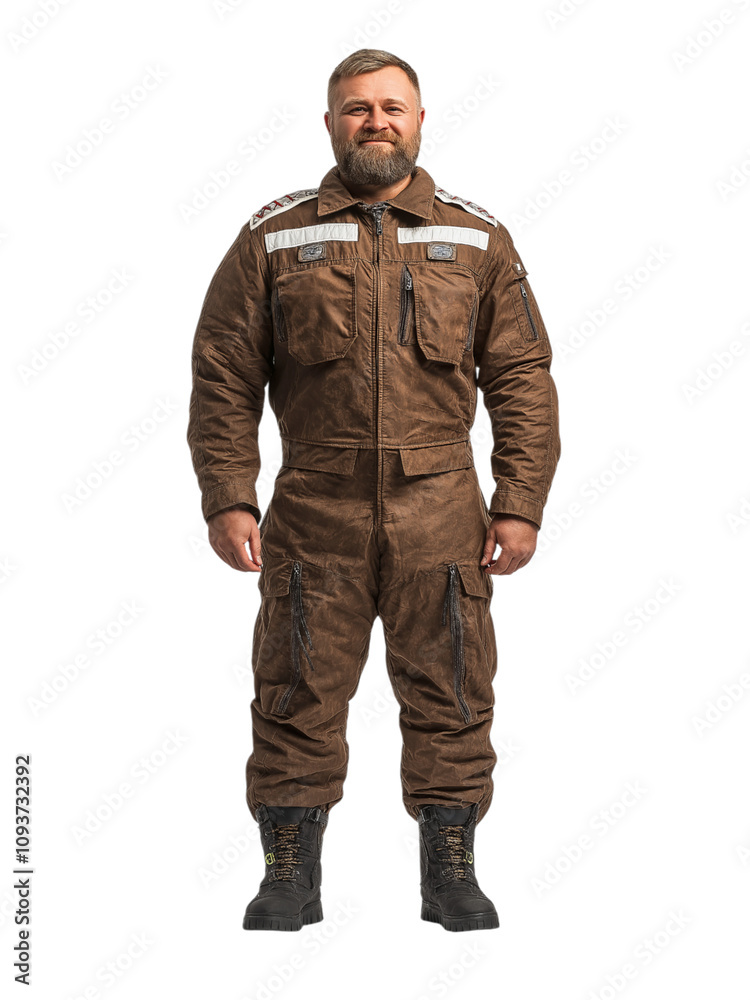 Smiling man in brown utility uniform standing confidently, transparent background for design projects Smiling man in brown utility uniform standing confidently, transparent background for design projects