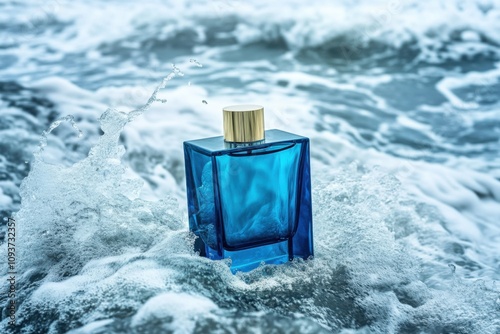 A glass perfume bottle made of dark blue, on the background of a ocean during a storm.