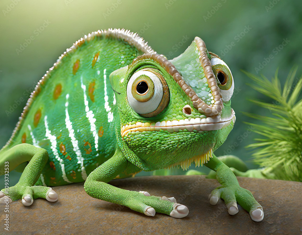 Fototapeta premium A cartoon green chameleon, bulging eyes, surprised expression, mischievous look, full body, lying on the ground, raising its little legs, hyper-realistic 3d style - generated by ai