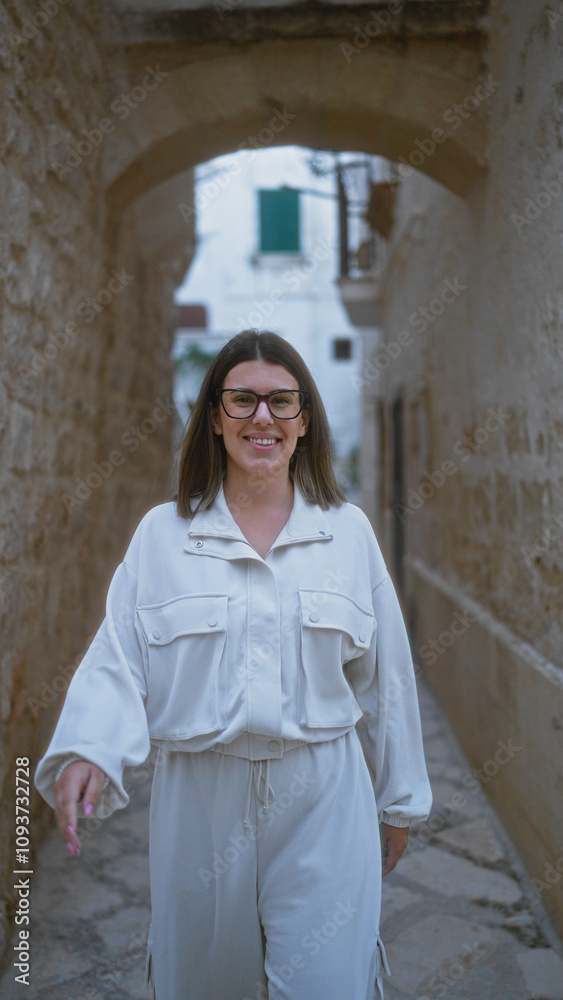 A young, beautiful hispanic woman walks through the charming streets of polignano a mare in puglia, italy, dressed in a stylish outfit and smiling brightly. A young, beautiful hispanic woman walks through the charming streets of polignano a mare in puglia, italy, dressed in a stylish outfit and smiling brightly.