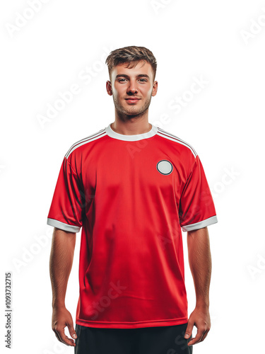 Male soccer player wearing a red jersey posing confidently, isolated with a transparent background