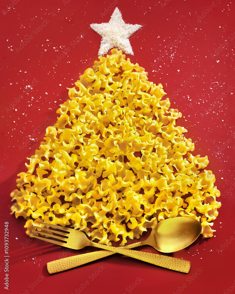 An artistic Christmas tree made of pasta and cheese star with snow , paired with golden cutlery for a festive touch