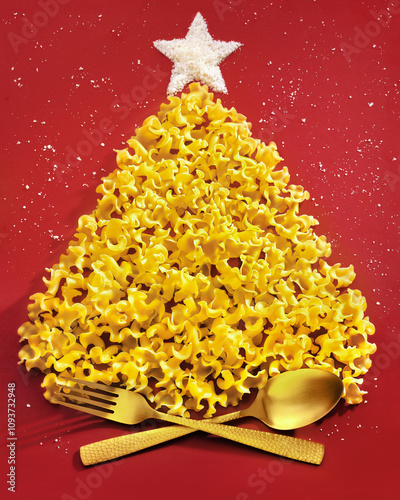 Obraz na płótnie An artistic Christmas tree made of pasta and cheese star with snow , paired with golden cutlery for a festive touch w salonie