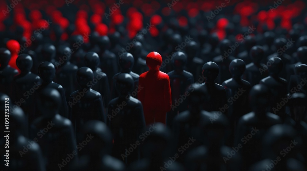 Fototapeta premium Red figurine standing out among a crowd of black figures, symbolizing individuality and uniqueness in a sea of conformity. Concept of identity and distinction.