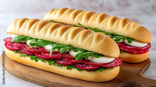 Freshly Made Deli Sandwich with Sliced Salami, Mozzarella Cheese, and Fresh Greens on a Wooden Cutting Board, Perfect for Lunch and Catering photo