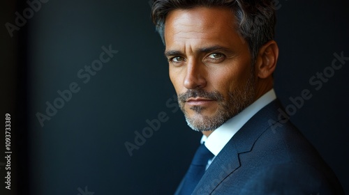 A confident, determined man clad in a sophisticated, dark formal suit stares intently, creating a powerful, professional presence against a sober dark backdrop. photo