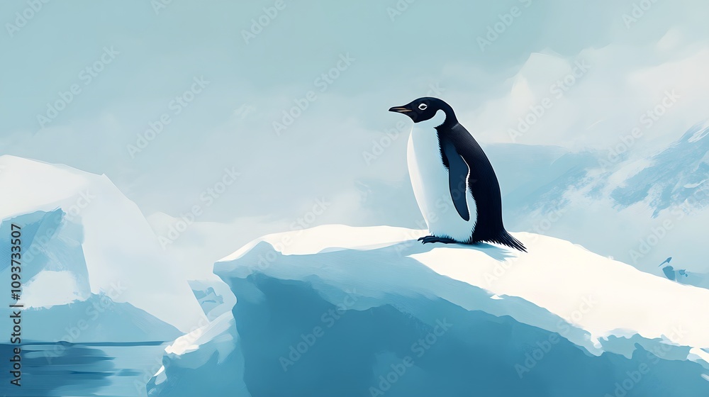 Fototapeta premium A calm penguin on a snow-covered iceberg