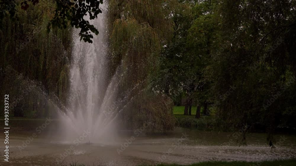 vidéo d'un grand jet d'eau dans un parc, avec un zoom arrière, aggrandissant le plan, pour découvrir un joli parc avec une jolie étendue d'eau, vidéo pour introduction