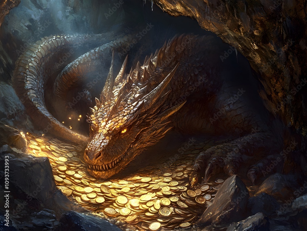 A cave filled with gold coins jewels and a sleeping dragon A cave filled with gold coins jewels and a sleeping dragon