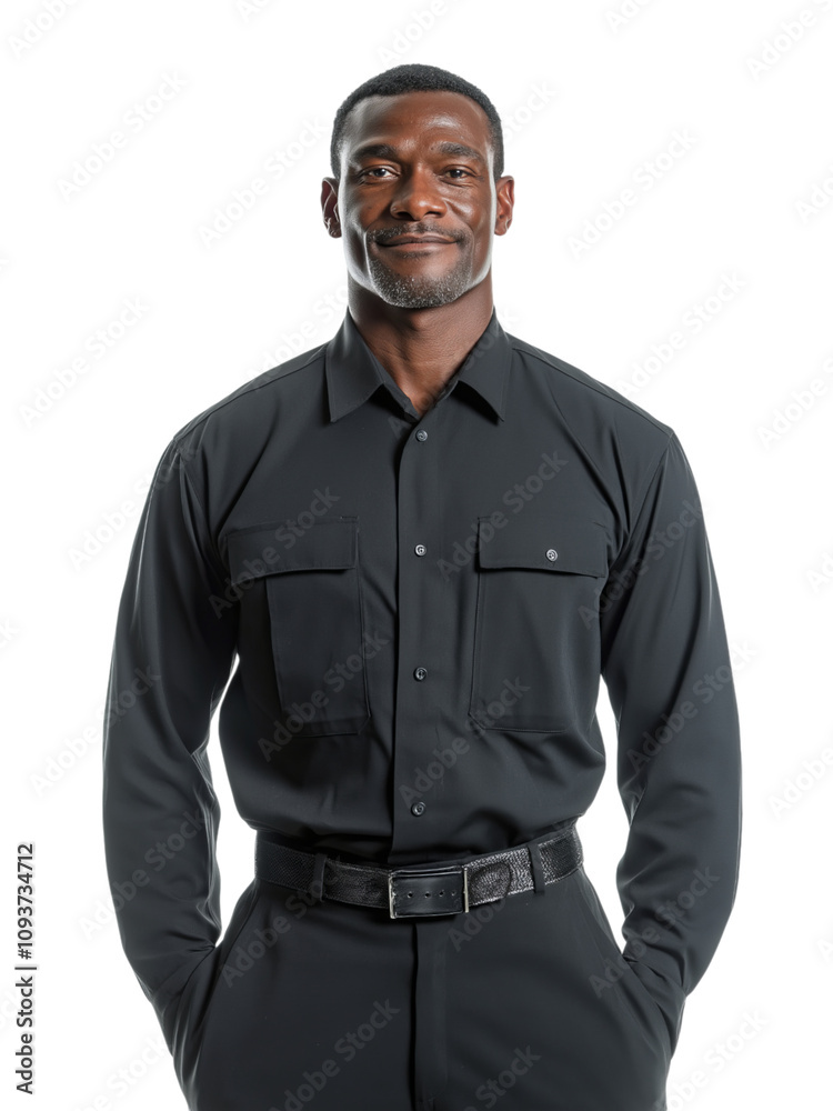 A smiling black man in a black uniform shirt with a polished and professional appearance A smiling black man in a black uniform shirt with a polished and professional appearance