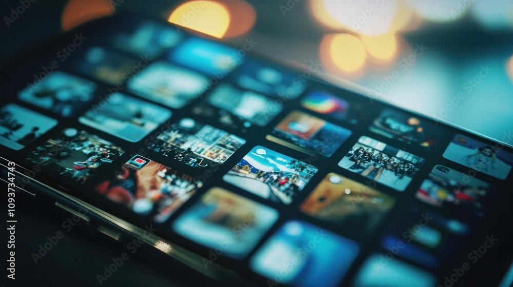 A smartphone displaying a photo gallery on its screen. A smartphone displaying a photo gallery on its screen.