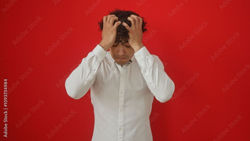 A stressed hispanic man in a white shirt holding his head against a solid red background