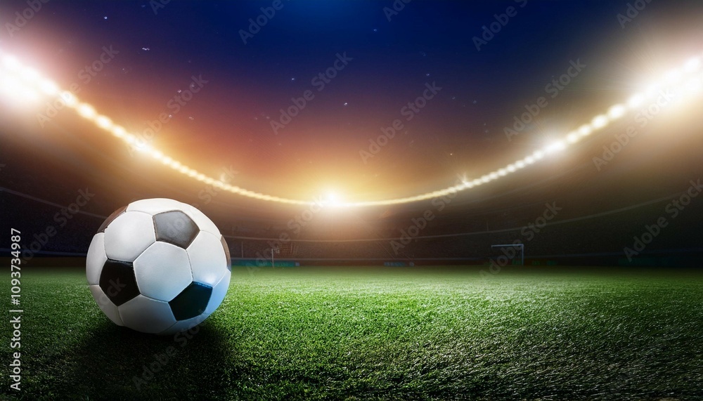 Fototapeta premium soccer ball on the field at night with stadium lights this image can be used as a striking and colorful background for sports related designs or as