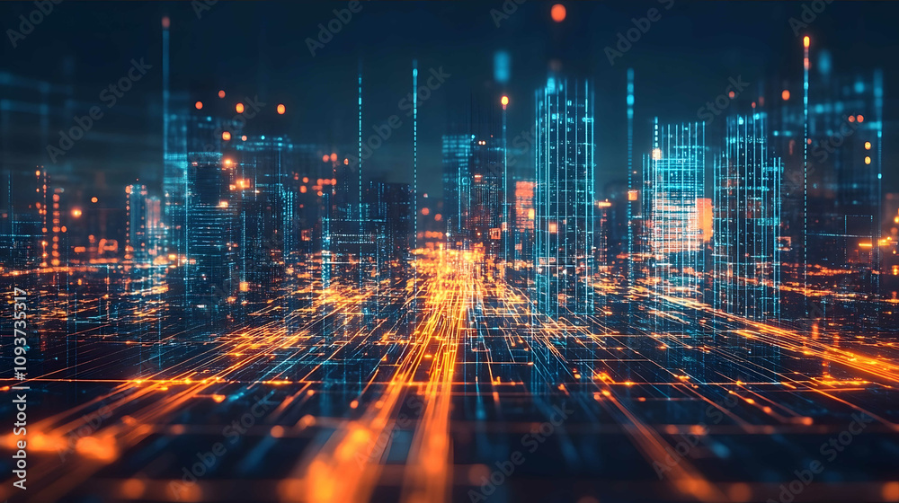 An image that expresses technical communication paths and digitally built buildings that express digital entrepreneurship An image that expresses technical communication paths and digitally built buildings that express digital entrepreneurship