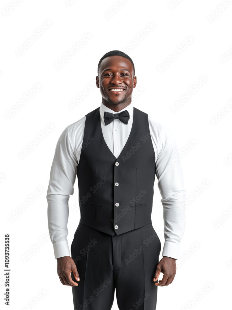 Smiling black man in formal waiter uniform with a bowtie and vest, standing professionally