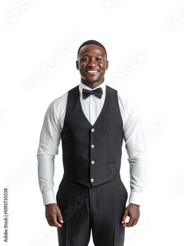 Smiling black man in formal waiter uniform with a bowtie and vest, standing professionally