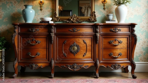 Beautifully crafted antique retro dresser adorned with timeless decor pieces.
