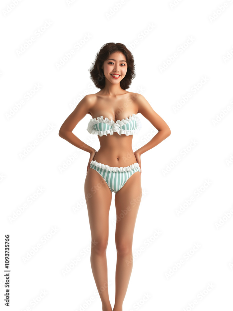 Asian woman in a green-striped bikini with a ruffled design, smiling, standing confidently Asian woman in a green-striped bikini with a ruffled design, smiling, standing confidently