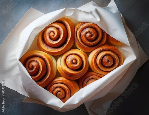 top view of swedish cinnamon buns in a white bakery bag cinnamon twists in a white paper bag top view of homemade kanelbullar generative ai photo