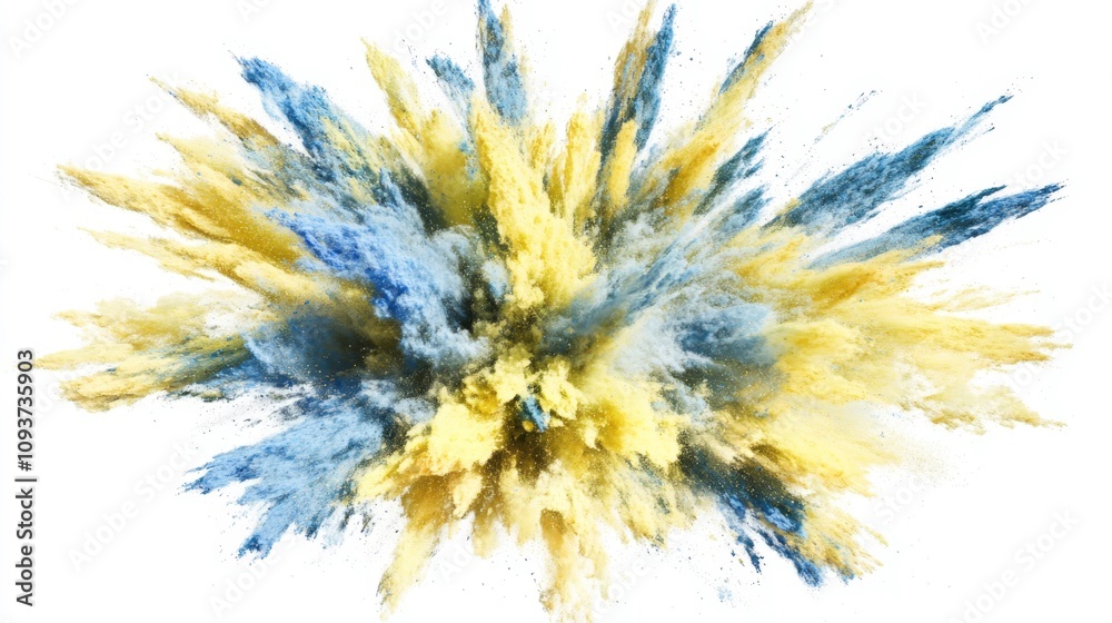 Dynamic Yellow and Blue Color Powder Explosion in Mid-Air, Showcasing Vibrant Bursts of Color and Intricate Particle Details, Perfect for Artistic, Marketing, or Festive Design Concepts Dynamic Yellow and Blue Color Powder Explosion in Mid-Air, Showcasing Vibrant Bursts of Color and Intricate Particle Details, Perfect for Artistic, Marketing, or Festive Design Concepts