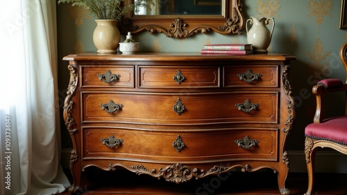 Antique retro dresser with elegant brass hardware, set in a vintage-style room.
