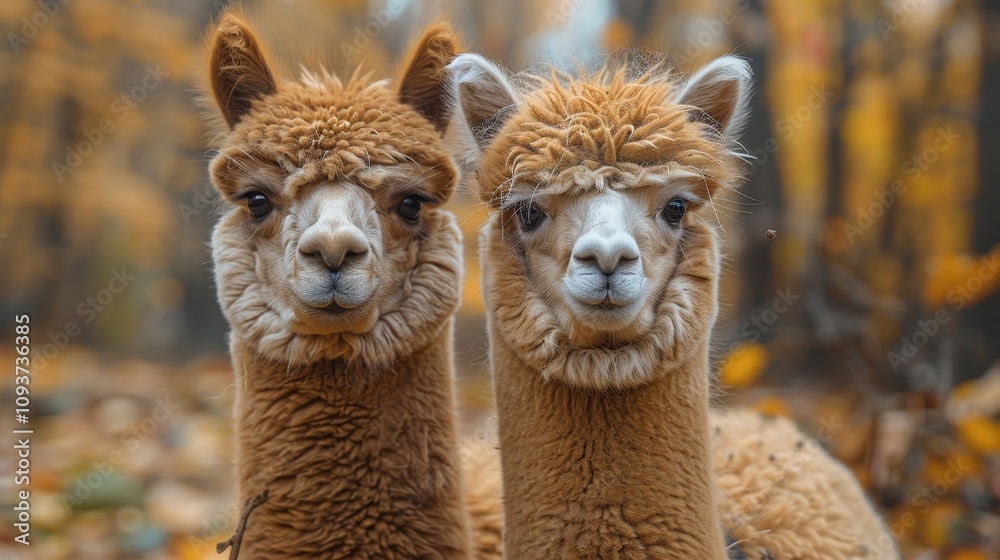 Obraz premium Two adorable llamas gaze serenely amidst a colorful autumn forest, showcasing nature's beauty. Generative AI