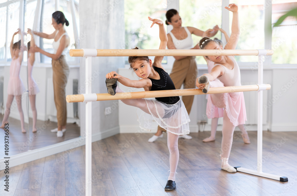 Naklejka premium Group of girl dancers practicing stretching at ballet barre