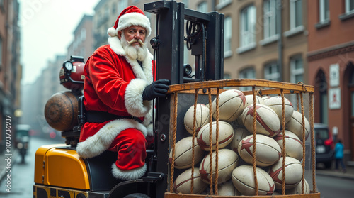 A man dressed as Santa Claus driving a forklift full of soccer balls photo