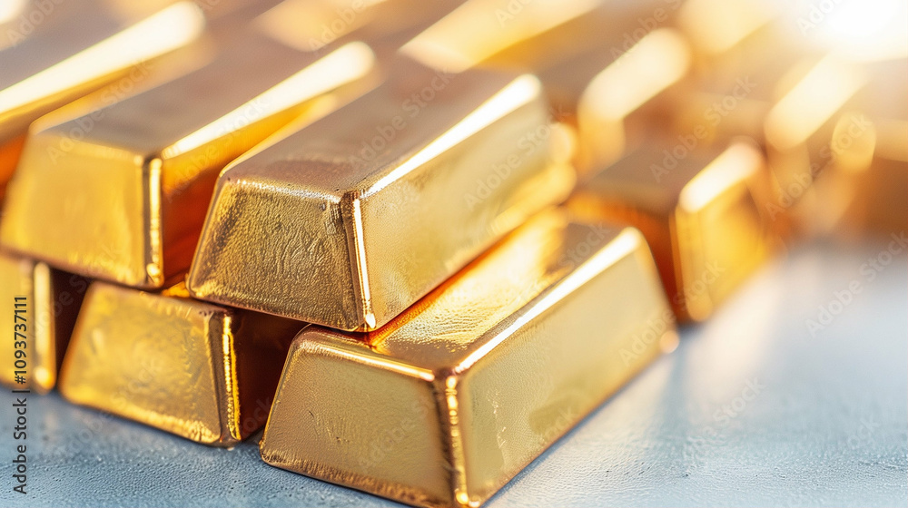 Gold bars stacked in a luxurious display shining with reflection and allure Gold bars stacked in a luxurious display shining with reflection and allure