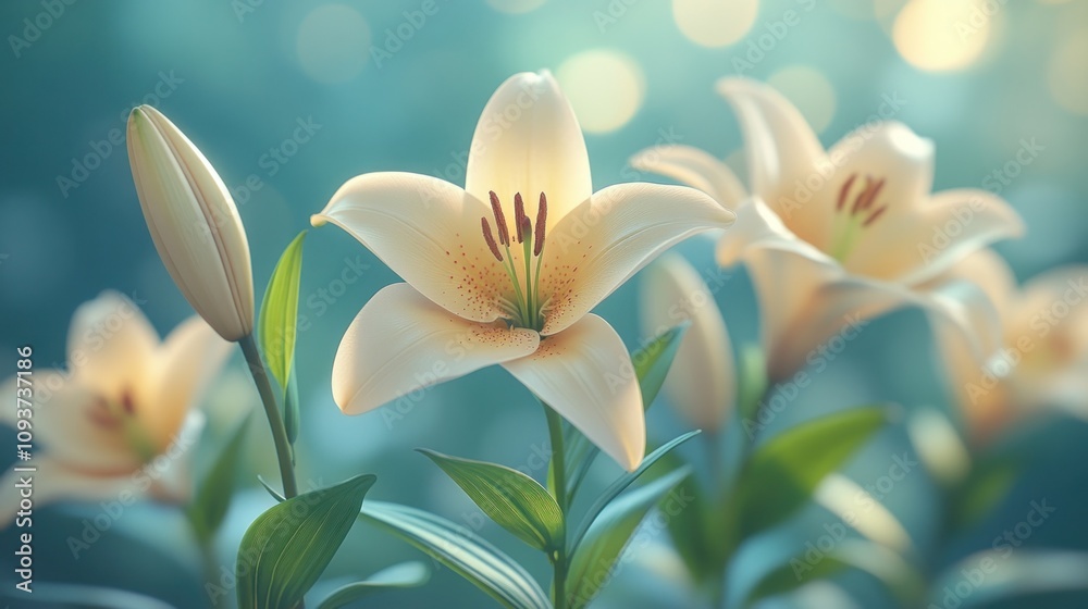Close-up of three elegant, creamy white lilies with a blurred teal background. Close-up of three elegant, creamy white lilies with a blurred teal background.
