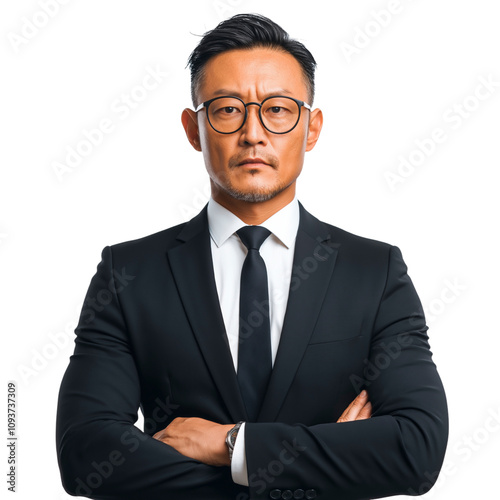 Portrait of a confident Asian man in a suit with glasses, arms crossed