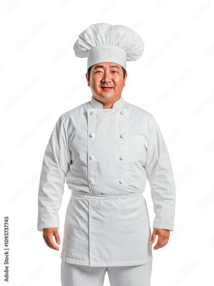 Professional chef in a white uniform and hat, standing confidently on transparent background Professional chef in a white uniform and hat, standing confidently on transparent background
