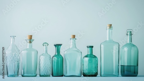 Empty vintage glass bottles of various shapes and sizes on light blue background