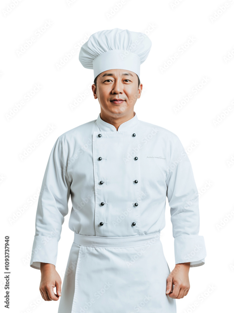 Smiling Asian chef in white uniform and chef hat, professional pose, transparent background Smiling Asian chef in white uniform and chef hat, professional pose, transparent background